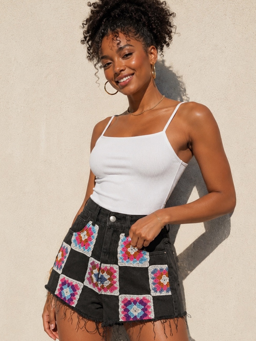POL Crochet Patchwork Denim Shorts Black Boho Colorful High Rise Size Small